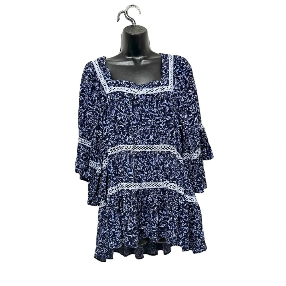 Free People TUNIC Talk About It MIDNIGHT Blue Floral Print Tunic Size XS